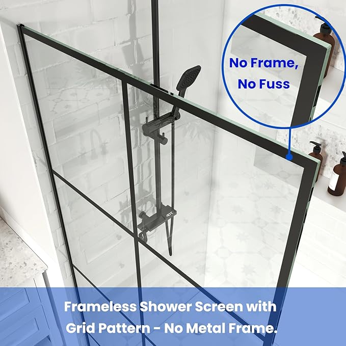 36" W x 76" H Frameless Shower Screen, Fixed Glass Panel for Walk-In Shower, 3/8" Tempered Glass, Grid Pattern Design