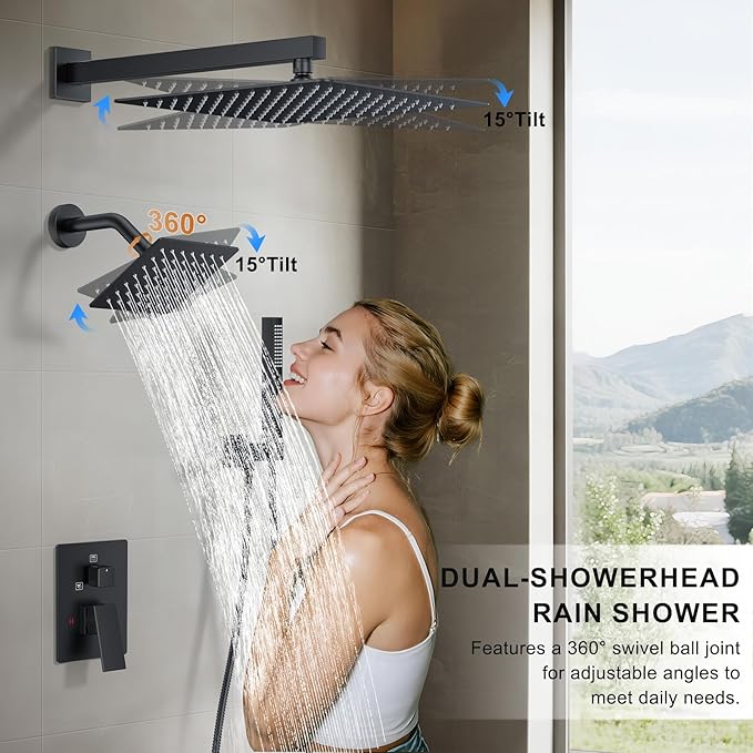 Rain Shower System Matte Black Shower Faucet Set, Dual Rainfall Shower Head Set with 2 in 1 Handheld Spray, Wall Mounted Bathroom 12-inch & 6-inch Square Showerheads with Valve, Matte Black