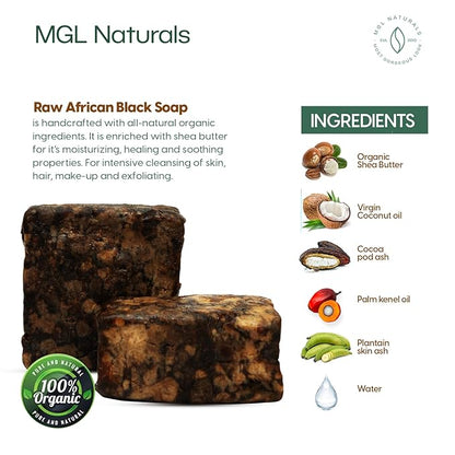 Raw African Black Soap 2.2 lb from Ghana, Africa | Vegan & Organic | Face and body deep cleanse wash. 35.3oz | 2.2 lb | 1kg