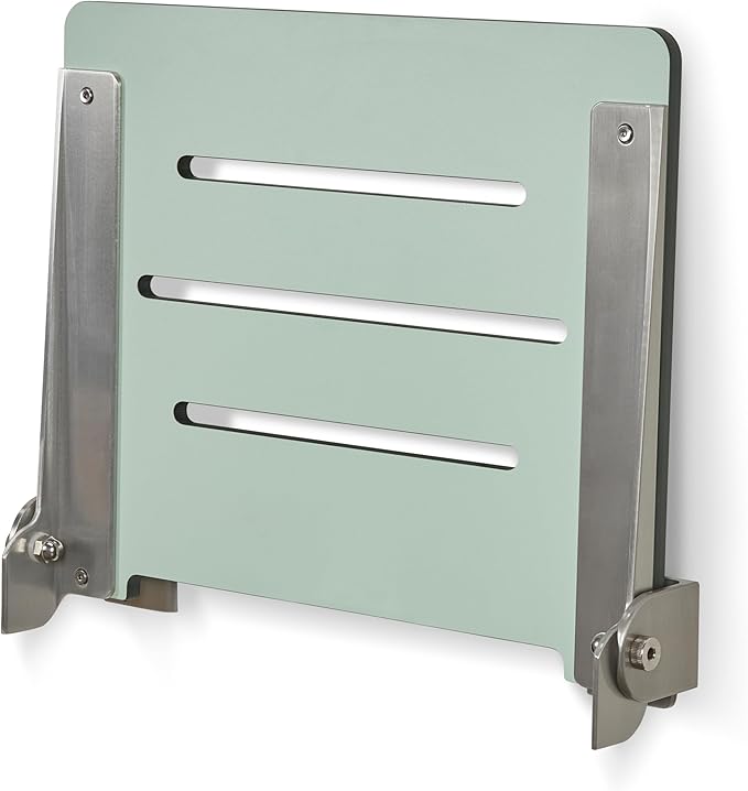 18 inch Silhouette Slimline Folding Wall Mount Shower Bench Seat, Sea Green Seat with Silver Frame