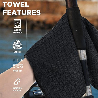 3 Pack Microfiber Fishing Towels with Clip, 16" X 16", Waffle Pattern for Effective Cleaning of Fishing Gears or Dirty Hands, Perfect for Camping Towels and Hiking Towles, Grey/Blue/Black