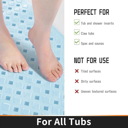 Yimobra Bathtub Mat Non Slip, Super Strong Suction Cups, 27.5"x15.5" Long Shower Mat with Drain Holes, Machine Washable Fast Draining Bath Mats, Bathroom Essentials,Light Blue