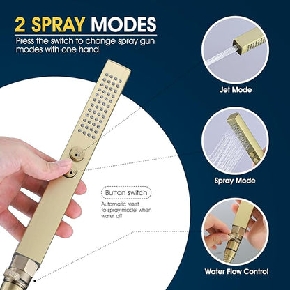 All-Metal High Pressure Square Handheld Shower Head with Jet Spray and Rainfall Modes, Volume Control Regulator, ON/OFF Switch, Hose and Wall Mounted Adjustable Bracket, Brushed Gold Color