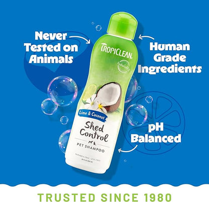 TropiClean Deshedding Dog Shampoo, Fast-Acting Shedding Control & Coat Softener, Puppy Safe, Made in USA, Lime & Coconut Scent, Cat Friendly, 20oz.