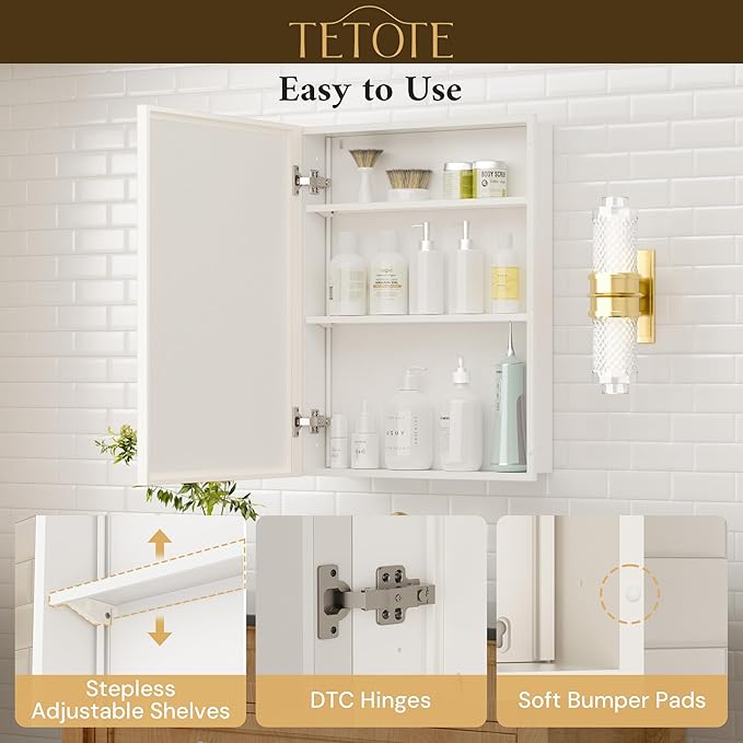 TETOTE White Medicine Cabinet Storage 24" x 30" Medicine Cabinet with Metal Beveled Framed Mirror Stepless Adjustable Shelves for Bathroom Vanity