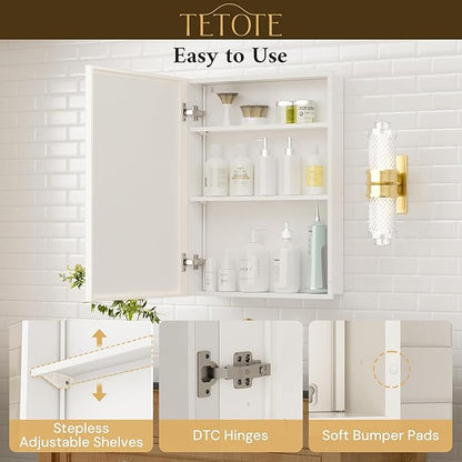 TETOTE White Medicine Cabinet Storage 24" x 30" Medicine Cabinet with Metal Beveled Framed Mirror Stepless Adjustable Shelves for Bathroom Vanity