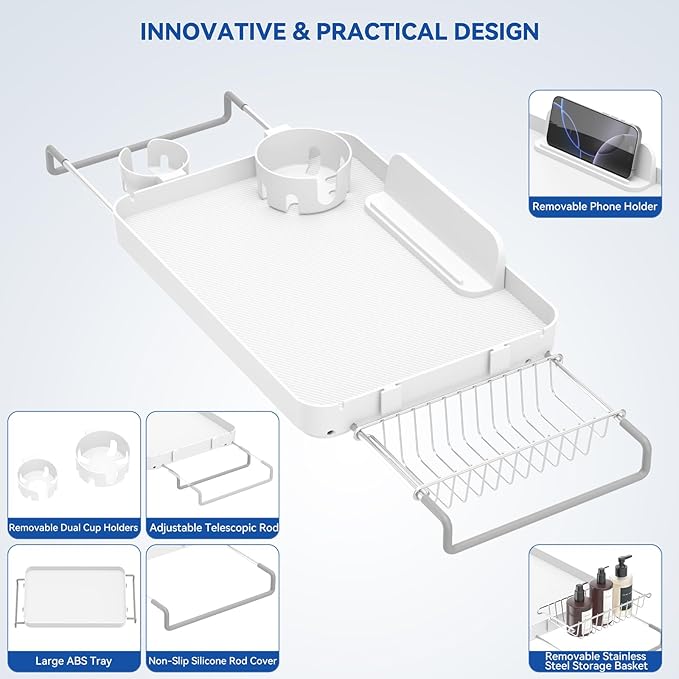Bathtub Tray Caddy Expandable Bath Tray with Cup Holder Plastic Bathtub Caddy Shelf Stylish Bathroom Organizer for Candle Towel, Book, Wine, Phone, Shower