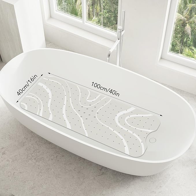 SHUCHING White Minimalist Lines Bath Mat for Tub Non Slip-40 X 16Inch, Bathtub Mat Anti Slip, Extra Long Shower Mat for Bathroom Mold Free, Machine Washable