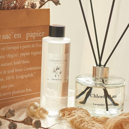 Chloefu LAN Gardenia Reéd Diffuser Refill 200ml/6.76 fl oz, Natural Essential Scented Oil, Best for Aromatherapy, SPA and Home, 0% Alcohol, A Fresh Clean Scent, Free Set of Diffuser Sticks