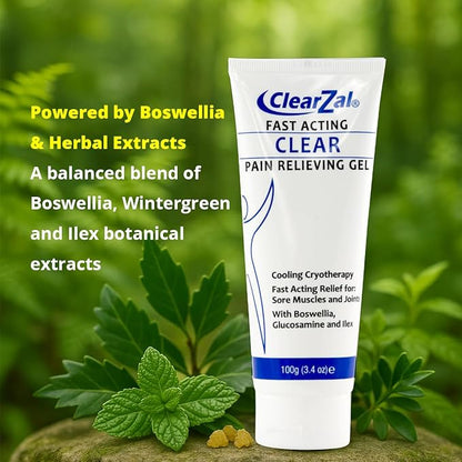 ClearZal Fast Acting Clear Pain Relieving Gel with Cooling Cryotherapy, Boswellia and Glucosamine for Sore Muscles and Joints, Soothing Cooling Gel 3.4 oz