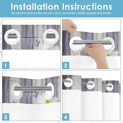 No Hook Flower Daisy Shower Curtain with Snap in Fabric Liner Set, Purple Wooden Boards Double Layers Waterproof Fabric with See Through Top Window Open Grommet Bath Curtain 54x80 Inch
