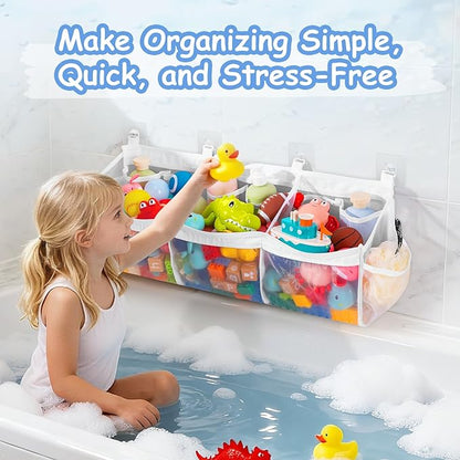 Criusia Extra Large Bath Toy Organizer with 3 Compartments and Multiple Pockets, Quick-Dry Mesh Bathtub Storage for Kids' Toys