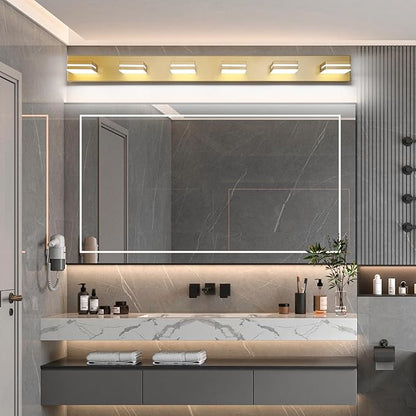 SineRise LED Modern Bathroom Vanity Light Fixtures (6-Light, 48-Inch, Dimmable), Matte Gold Modern Acrylic Bathroom Wall Lighting Fixtures Over Mirror (Cool White 6000K)