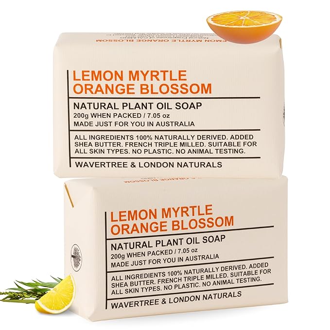 Wavertree & London Lemon Myrtle & Orange Blossom Scented Natural Soap Bars (2 Bars), 7oz Moisturizing French Triple Milled Soap enriched with shea butter - Bath & Body Bars [100% Naturally derived]