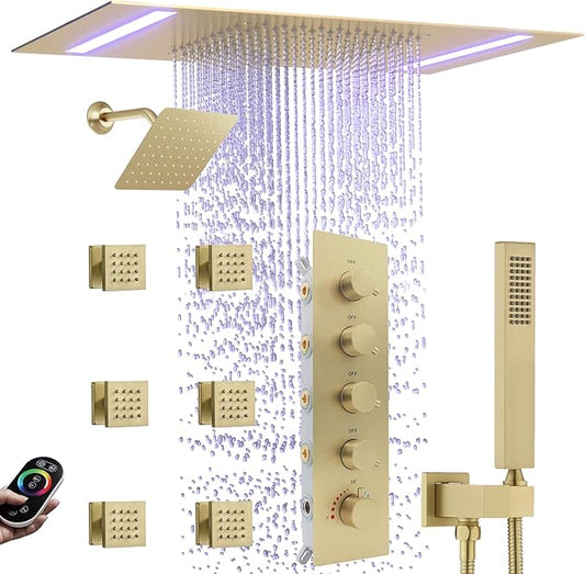 Thermostatic Shower System with 14x20 Inch Ceiling Mount LED Head & 6 Inch Wall Head and Handheld Shower 4 Function Vale with body jets Can All Run Together,Brushed Gold