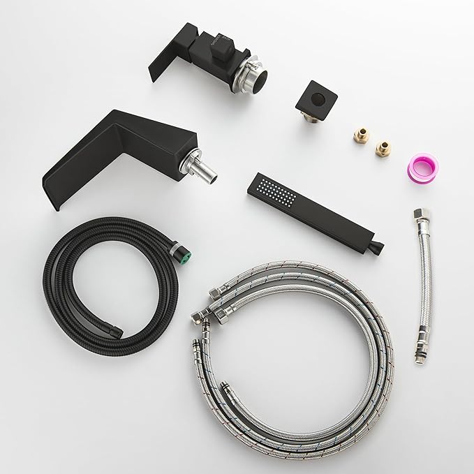 LIWEIKE Black Roman Tub Faucet with Sprayer, Deck Mount Roman Bathtub Faucet Set with Hand Shower for 3 Holes Single Handle Waterfall Tub Filler, Matte Black