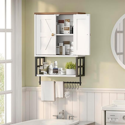 Farmhouse Medicine Cabinet - 3-Tier Wall Mounted Storage Organizer with Adjustable Shelves, Towel Bar, 5 Hooksfor Small Bathroom, Laundry Room, Over Toilet, Living Room, Bedroom (White)
