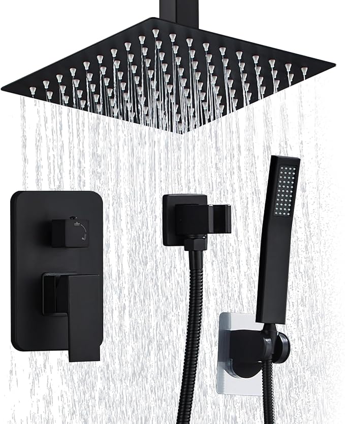 10 Inch Shower Faucet Set Ceiling Mount, High Pressure Rainfall Shower System, Square Rain Shower Spray Combo Luxury Shower Fixtures Matte Black