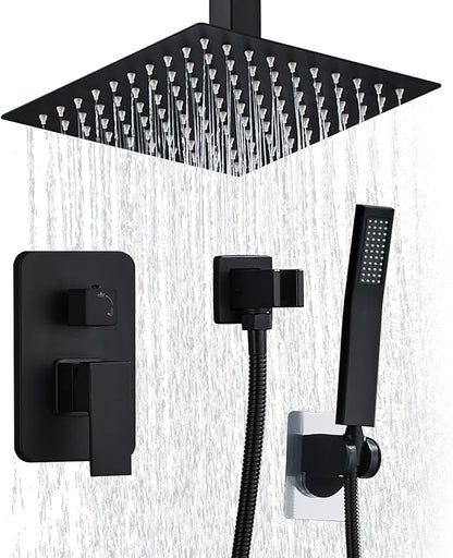10 Inch Shower Faucet Set Ceiling Mount, High Pressure Rainfall Shower System, Square Rain Shower Spray Combo Luxury Shower Fixtures Matte Black