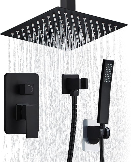 10 Inch Shower Faucet Set Ceiling Mount, High Pressure Rainfall Shower System, Square Rain Shower Spray Combo Luxury Shower Fixtures Matte Black