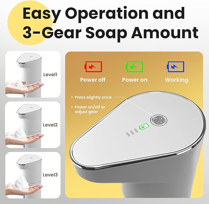 Automatic Foaming Soap Dispenser, 13oz/350ml White Touchless Foam Hand Soap Dispenser with 3 Foam Levels，Wall-Mounted & Countertop Design Type-C Rechargeable for Kitchen Bathroom