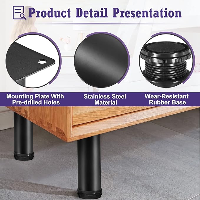 14 Inch Metal Furniture Legs Stainless Steel Adjustable Legs Black Metal Legs Round Cabinet Legs for Coffee Table Cabinet Desk Sofa Shelves, Pack of 4