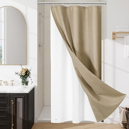 3 in 1 Stall Half Size Beige Shower Curtain Set-36 W x 72 H, Tan Waffle Waterproof Fabric and PEVA Liner Set with Stainless Steel Hooks