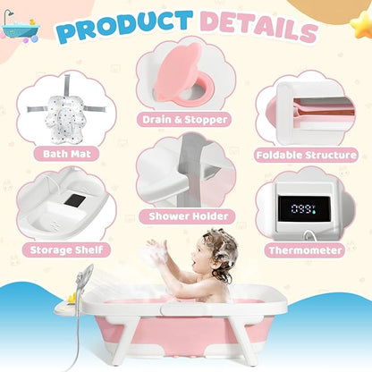 Orzbow Collapsible Baby Bathtub, Large Baby Bath Tub for Newborn with Soft Cushion & Thermometer, Travel Portable Baby Tubs for Infants to Toddler 0-36 Months, Pink