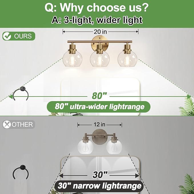 2025 Upgrade 3-Light Bathroom Light Fixtures, Brushed Brass Bathroom Lights Over Mirror with Clear Glass Globe Shade, Vanity Lights for Bathroom Kitchen Living Room Hallway Cabinet Bedroom Porch