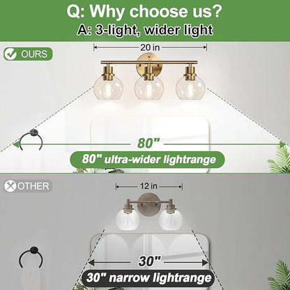 2025 Upgrade 3-Light Bathroom Light Fixtures, Brushed Brass Bathroom Lights Over Mirror with Clear Glass Globe Shade, Vanity Lights for Bathroom Kitchen Living Room Hallway Cabinet Bedroom Porch