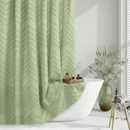 Green Boho Shower Curtain - 72 x 84, Tufted Chevron Textured Striped Fabric, Modern Minimalist for Bathroom