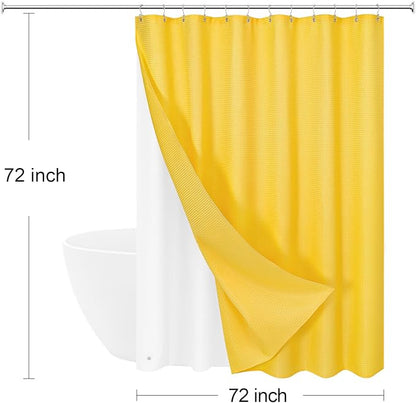 3 in 1 Shower Curtain Set, Yellow Waffle Shower Curtain and PEVA Liner Set with 12 Stainless Steel Shower Curtain Hooks, Waterproof Shower Curtains for Bathroom, 72 W x 72 H