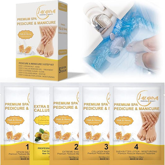 Epsom Salt Soak, Callus Remover Gel, Extreme Sugar Scrub, Collagen Mask & Shea Butter Lotion – Professional Spa Foot Care System 5 Step Luxury Pedicure Kit. Milk & Honey 50 Set