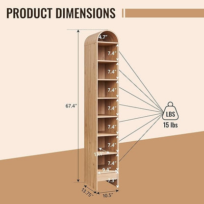 67" Tall Arched Bathroom Storage Cabinet, 8-Tier Modern Farmhouse Storage Cabinet with Adjustable Shelves, Wood Freestanding Cabinet for Bathroom, Living Room, Entryway, Hallway (Natural)