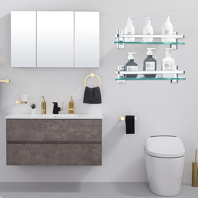AIJALY 2 Pack Bathroom Glass Shelf,15.7 Inches Silver Bathroom Shower Glass Shelf Wall-Mounted, Metal Storage Floating Kitchen Shelf