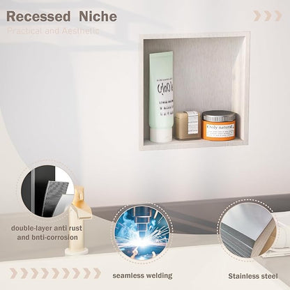 No Tile Needed Shower Niche for Bathroom Storage,Recessed Wall Niche,Shower Shelf,Stainless Steel (Brush, 12 * 12 in)