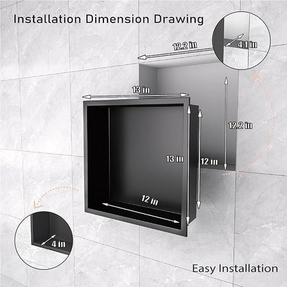 12x12 Matte Black Shower Niche - Stainless Steel Tile-Ready Bathroom Storage for Small Showers