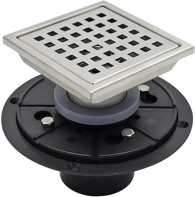 4 Inch Square Shower Floor Drain with Flange,Quadrato Pattern Grate Removable,Food-Grade SUS 304 Stainless Steel,Brushed Nickel