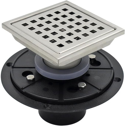 4 Inch Square Shower Floor Drain with Flange,Quadrato Pattern Grate Removable,Food-Grade SUS 304 Stainless Steel,Brushed Nickel