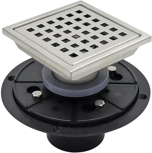 4 Inch Square Shower Floor Drain with Flange,Quadrato Pattern Grate Removable,Food-Grade SUS 304 Stainless Steel,Brushed Nickel
