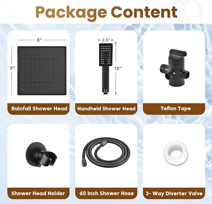 BRIGHT SHOWERS Rain Shower Head with Handheld Spray, High Pressure Square Showerhead Combo with Rainfall & Handheld, Detachable Dual Shower with Anti-Clog Nozzles, 60" Hose, Matte Black