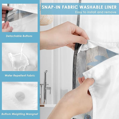 No Hook Rustic Farmhouse Shower Curtain with Snap in Fabric Liner Set, Blue Daisy Flowers and Butterfly on Wooden Double Layers Waterproof with See Through Top Bath Curtain 54x80 Inch