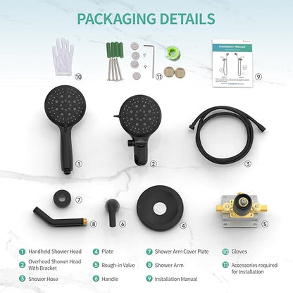 SR SUN RISE 6-Spray Shower Faucet 3-Way Combo Shower Head and Hand Held Shower Separately or Together, Shower Trim Kit Matte Black(Valve Include)
