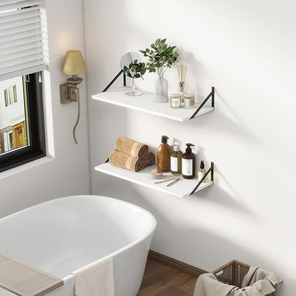 12 Inch Deep Floating Shelves, 30W x 12D Wall Shelves with Brackets, White Floating Shelves 30 Inch Long, Rustic Wood Wall Shelf, Wide Storage Display Shelf for Kitchek, Living Room, Bathroom