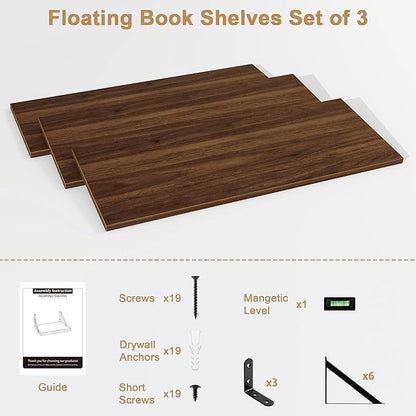 Fun Memories Floating Shelves for Wall, 36 Inches Long Set of 3 Wall Shelves for Bedroom, Floating Bookshelves with Metal Brackets for Living Room, Kitchen, Bedroom and Laundry Room (Walnut)