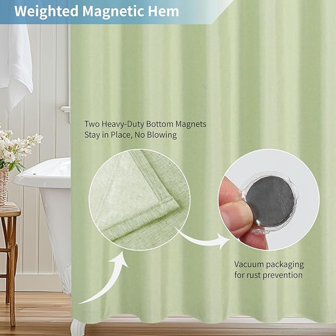 2-in-1 Waterproof Fabric Shower Curtain or Liner,Linen Textured,Breathable TPU & Washable Bathroom Shower Curtain Set with 12 Plastic Hooks,Modern,72"x72",Green