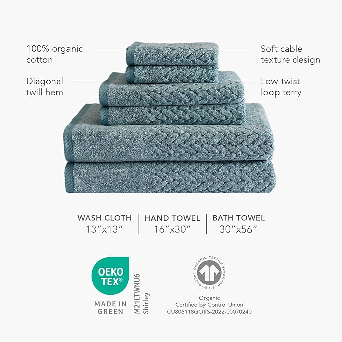 Texere 100% Organic Cotton Jacquard 650 GSM Premium Bath Towel Sets - Extra Absorbent Quick Dry and Plush (Cable, Excalibur, 2 Bath Towels)