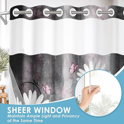 No Hook Pink White Daisy Butterfly Shower Curtain with Snap in Fabric Liner Set, Grey Farmhouse Double Layers Waterproof Fabric with See Through Top Window Open Grommet Bath Curtain 71x86 Inch