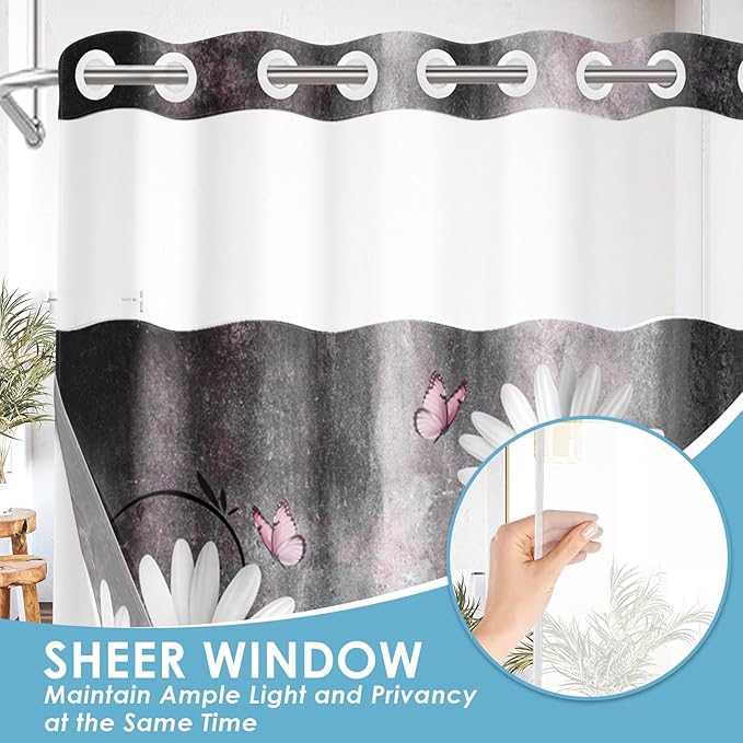 No Hook Pink White Daisy Butterfly Shower Curtain with Snap in Fabric Liner Set, Grey Farmhouse Double Layers Waterproof Fabric with See Through Top Window Open Grommet Bath Curtain 71x74 Inch
