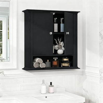 Bathroom Cabinet Wall Mounted| Over The Toilet Storage Cabinet with 2 Doors & Adjustable Shelf, Hanging Wall Cabinet, Upper Cabinet Storage Cupboard for Bathroom,Kitchen,Laundry Room, Black